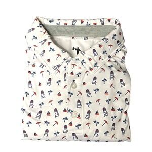 Anderson Ord Polo Shirt Mens XL White Blue Beach All‎ Over Print Palm Lifeguard